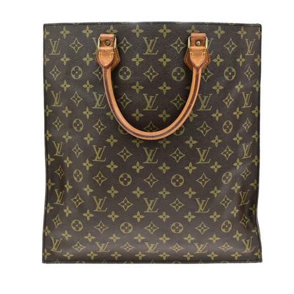 LOUIS VUITTON Logo Sac Plat Hand Tote Bag Monogram Leather Brown M51140 30EE026 - Picture 1 of 12